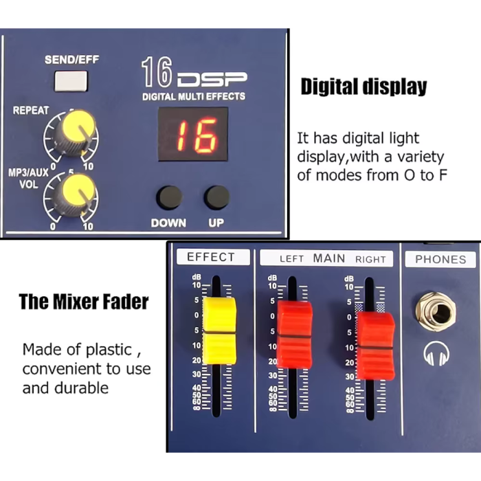 Mixer audio Profesional VENTART Amplificat, 2 x 300W, 4 canale, 16 efecte DSP, Bluetooth, USB, alimentare 48V, XLR out, Albastru [5]