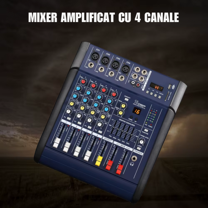 Mixer audio Profesional VENTART Amplificat, 2 x 300W, 4 canale, 16 efecte DSP, Bluetooth, USB, alimentare 48V, XLR out, Albastru [2]