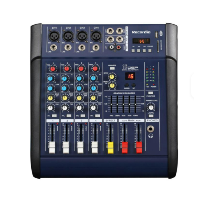 Mixer audio Profesional VENTART Amplificat, 2 x 300W, 4 canale, 16 efecte DSP, Bluetooth, USB, alimentare 48V, XLR out, Albastru [1]