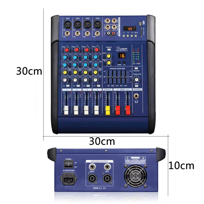 Mixer audio Profesional VENTART Amplificat, 2 x 300W, 4 canale, 16 efecte DSP, Bluetooth, USB, alimentare 48V, XLR out, Albastru [7]