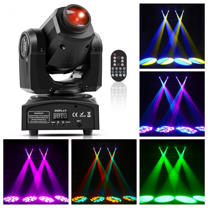 Moving Head VENTART, Proiector LED 60W, Control Telecomanda, DMX512, 7 Culori si 7 Modele, Unghi de Proiectie 12°, Dimmer 0-100%, Stroboscop 1-18Hz, Petreceri, Evenimente, DJ, Negru [2]