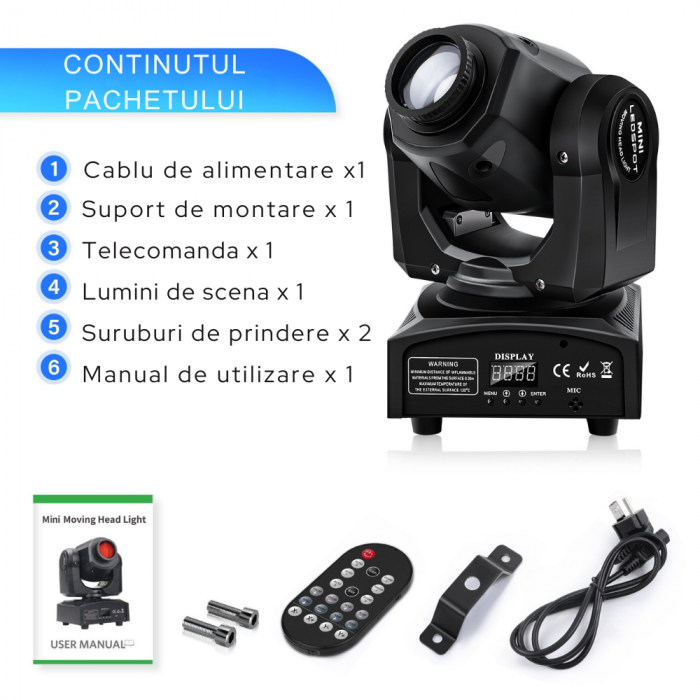 Moving Head VENTART, Proiector LED 60W, Control Telecomanda, DMX512, 7 Culori si 7 Modele, Unghi de Proiectie 12°, Dimmer 0-100%, Stroboscop 1-18Hz, Petreceri, Evenimente, DJ, Negru [6]