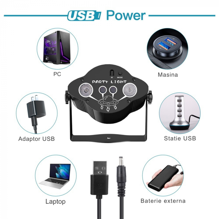 Proiector de lumini disco VENTART 3-in-1 RGB + UV, Laser Rosu si Verde, Telecomanda, Jocuri de lumini, Stroboscop, Alimentare USB, pentru Petreceri, Karaoke, DJ, Negru [6]