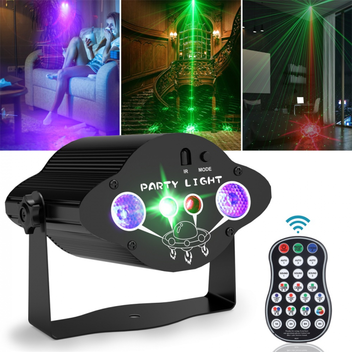 Proiector de lumini disco VENTART 3-in-1 RGB + UV, Laser Rosu si Verde, Telecomanda, Jocuri de lumini, Stroboscop, Alimentare USB, pentru Petreceri, Karaoke, DJ, Negru [2]