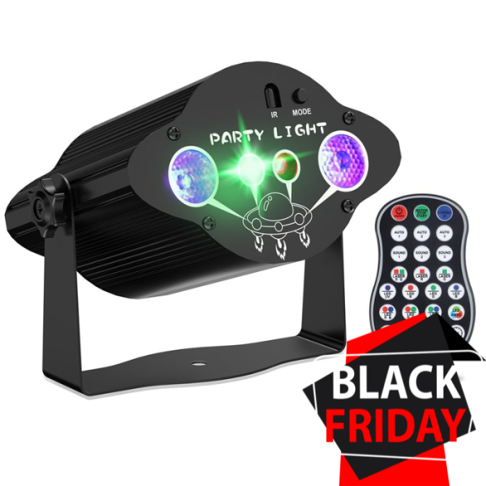 Proiector de lumini disco VENTART 3-in-1 RGB + UV, Laser Rosu si Verde, Telecomanda, Jocuri de lumini, Stroboscop, Alimentare USB, pentru Petreceri, Karaoke, DJ, Negru [1]