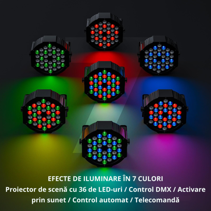 Proiector de scena VENTART cu 36 LED-uri, lumini PAR cu control RGB DMX, efect stroboscop scena [3]