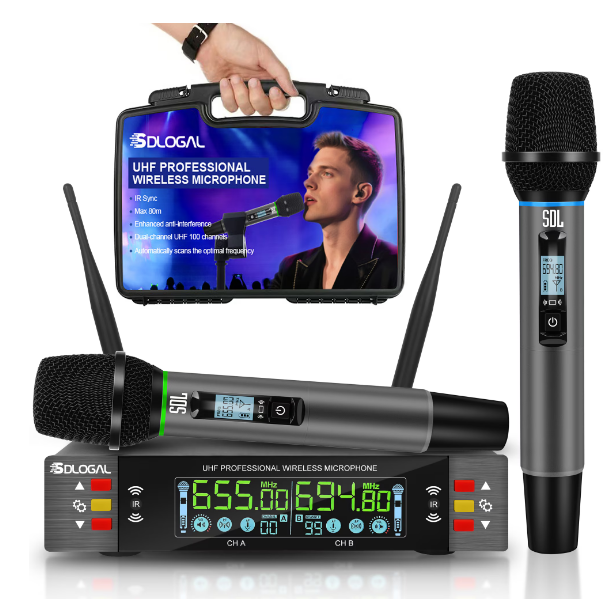 Set 2 microfoane profesionale, SDLOGAL, Cu Receiver Wireless, HD Afisaj Digital, Frecvente Reglabile, 50m, Cutie de depozitare, pentru karaoke, nunta, DJ, petrecere, Negru [2]