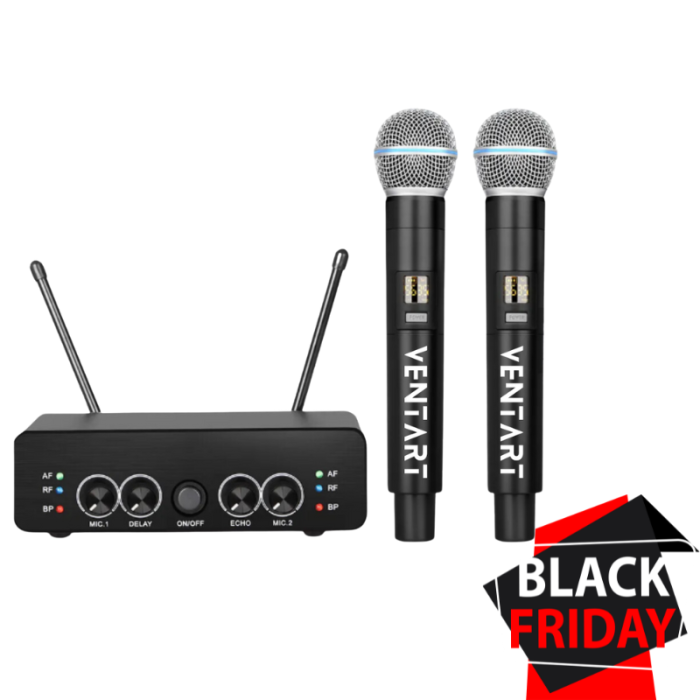 Set 2 Microfoane Wireless Profesionale, VENTART, fara fir UHF, cu Receiver, Omnidirectionale, Portabile, pentru Karaoke, Conferinte, Evenimente, Negre [1]