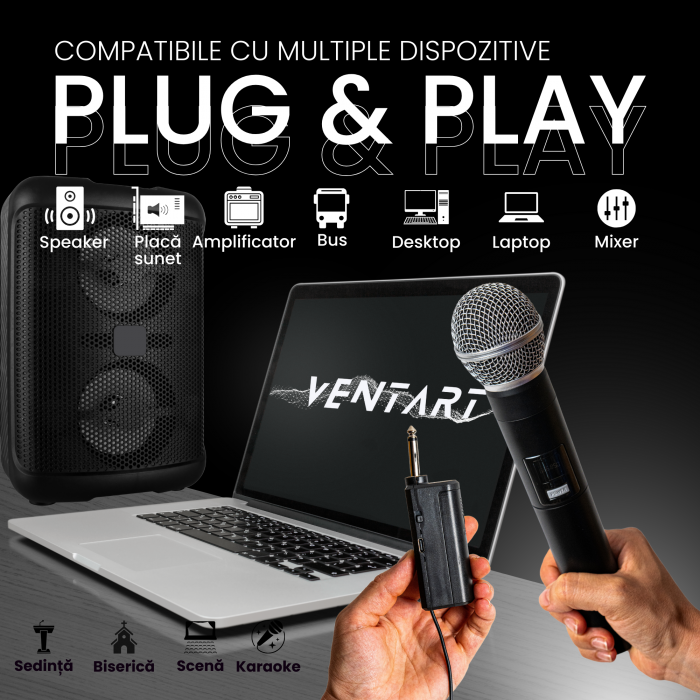 Set 2 Microfoane Wireless VENTART, cu Receiver Jack 6, 35mm, Baterie reincarcabila, UHF, Plug and Play, Karaoke [3]