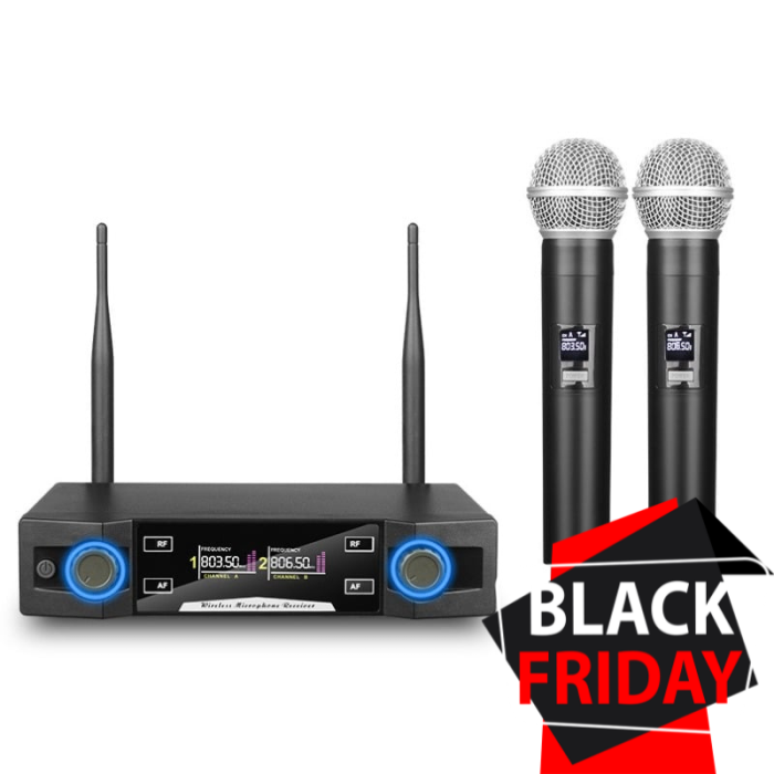 Set 2 Microfoane Wireless VENTART, UHF, Receiver cu Display, Omnidirectionale, Portabile, pentru Karaoke, Conferinte, Evenimente, Gri [1]