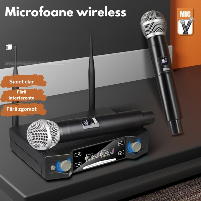 Set 2 Microfoane Wireless VENTART, UHF, Receiver cu Display, Omnidirectionale, Portabile, pentru Karaoke, Conferinte, Evenimente, Gri [4]