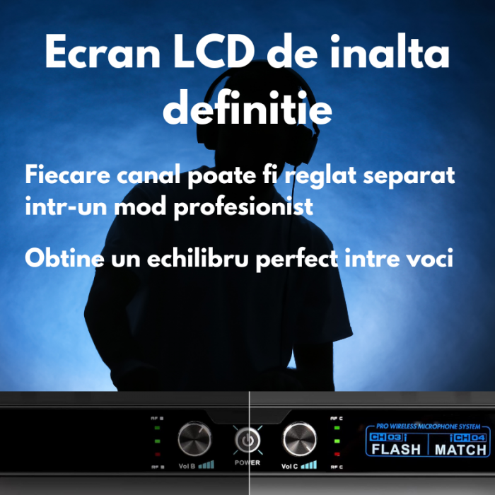 Set 4 Microfoane Profesionale VENTART, Montare Rack, Wireless, Antena pentru Distante lungi, UHF, cu Receiver, Omnidirectionale, Portabile, pentru Karaoke, Conferinte, Evenimente, Negre [7]