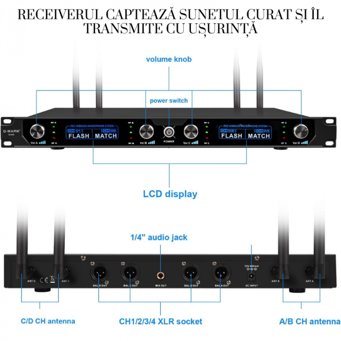 Set 4 Microfoane Profesionale VENTART, Montare Rack, Wireless, Antena pentru Distante lungi, UHF, cu Receiver, Omnidirectionale, Portabile, pentru Karaoke, Conferinte, Evenimente, Negre [3]
