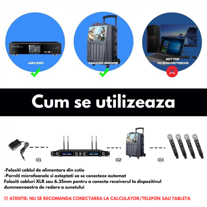 Set 4 Microfoane Profesionale VENTART, Montare Rack, Wireless, Antena pentru Distante lungi, UHF, cu Receiver, Omnidirectionale, Portabile, pentru Karaoke, Conferinte, Evenimente, Negre [4]