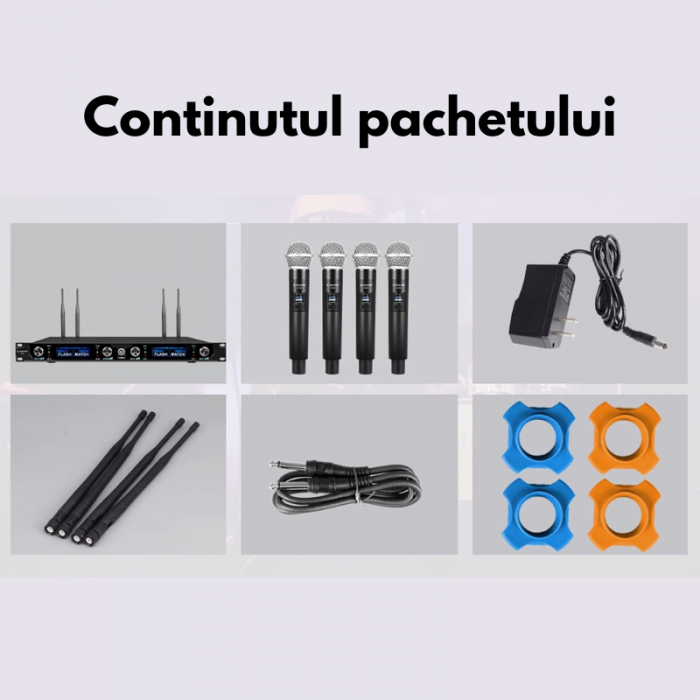 Set 4 Microfoane Profesionale VENTART, Montare Rack, Wireless, Antena pentru Distante lungi, UHF, cu Receiver, Omnidirectionale, Portabile, pentru Karaoke, Conferinte, Evenimente, Negre [6]