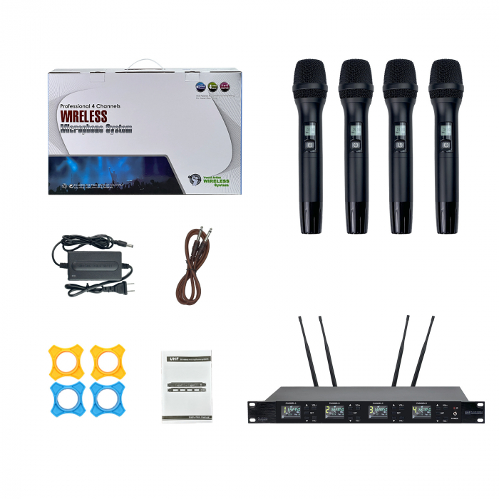 Set 4 Microfoane Wireless VENTART Pro, fara fir UHF, cu Receiver, montare Rack, Omnidirectionale, Captare 300m, pentru Karaoke, Conferinte, Evenimente, Negre [5]
