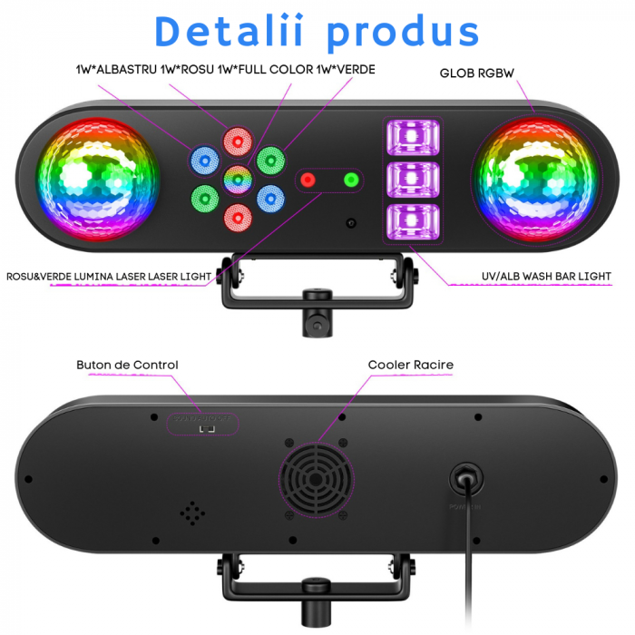 Sistem de Lumini Mobil VENTART pentru Scena, cu Laser, Stroboscop si 2 Globuri Disco, Control cu Telecomanda, 30W, LED, pentru DJ, Show-uri, Concerte, Petreceri, Negru [5]