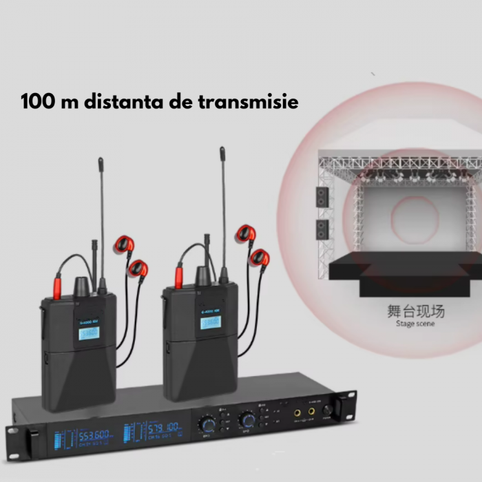 Sistem Wireless Monitorizare In-Ear VENTART – 2 Bodypack-uri, Casti Profesionale, 100 m Raza de Actiune, Monitorizare Audio pentru Scena, Muzicieni, Concerte, Fara Fir, Negru [6]
