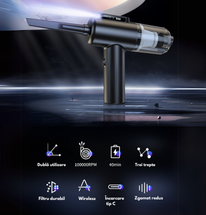 Suflanta aer VENTART, 4 in 1, pentru Indepartare praf, Aspirare PC, Umflare si Vidare, curatare Tastatura, Gratar, canapea 100000 RPM, 14 tipuri de Accesorii, Lanterna LED, Afisaj LED, fara Fir, Negru [5]