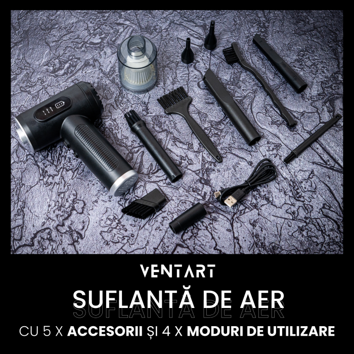 Suflanta aer VENTART, pentru Indepartare praf si Aspirare PC, Par de animale, Tastatura, Gratar, Canapea, 50000 RPM, 7 tipuri de Duze, Lanterna LED, Afisaj LED, fara Fir, Negru [3]