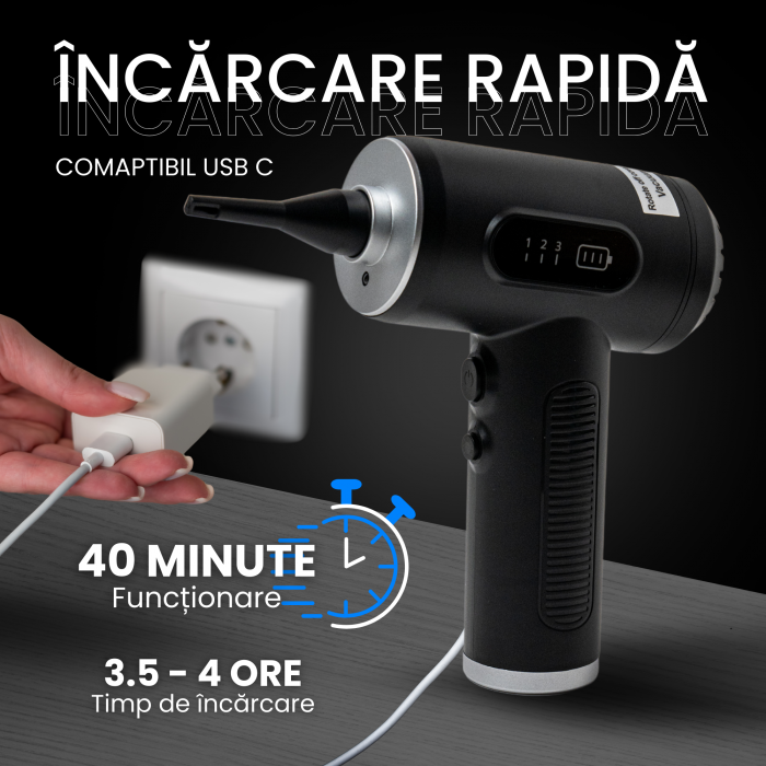 Suflanta aer VENTART, pentru Indepartare praf si Aspirare PC, Par de animale, Tastatura, Gratar, Canapea, 50000 RPM, 7 tipuri de Duze, Lanterna LED, Afisaj LED, fara Fir, Negru [5]