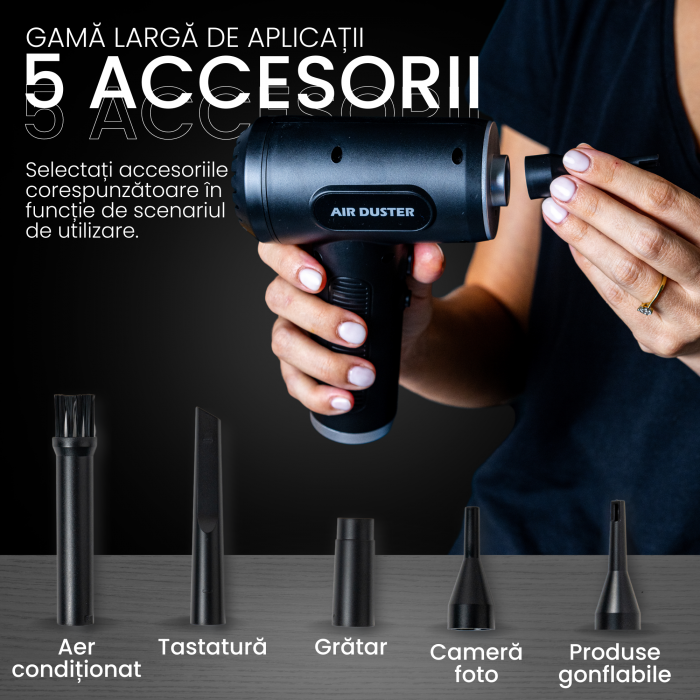 Suflanta aer VENTART, pentru Indepartare praf si Aspirare PC, Par de animale, Tastatura, Gratar, Canapea, 50000 RPM, 7 tipuri de Duze, Lanterna LED, Afisaj LED, fara Fir, Negru [7]