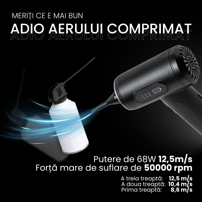 Suflanta aer VENTART, pentru Indepartare praf si Aspirare PC, Par de animale, Tastatura, Gratar, Canapea, 50000 RPM, 7 tipuri de Duze, Lanterna LED, Afisaj LED, fara Fir, Negru [8]