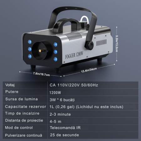 Masina de Fum Profesionala VENTART cu LED RGB, 1200W, Control prin Telecomanda, Rezervor 1L, Iluminare Multicolora [1]