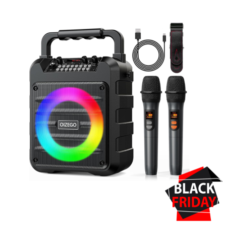 Boxa Portabila VENTART cu 2 Microfoane Wireless, Bluetooth, cu Telecomanda, pentru Karaoke/ Petreceri, cu Lumini, Sistem PA, Suporta Card TF/USB, AUX In, REC, Control Bas si Inalte, Neagra