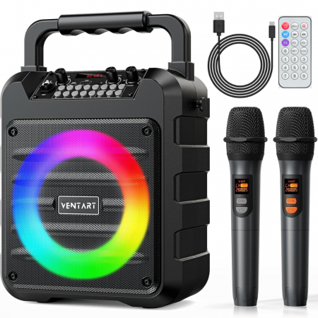 Boxe - Boxa Portabila VENTART cu 2 Microfoane Wireless, Bluetooth, cu Telecomanda, pentru Karaoke/ Petreceri, cu Lumini, Sistem PA, Suporta Card TF/USB, AUX In, REC, Control Bas si Inalte, Neagra