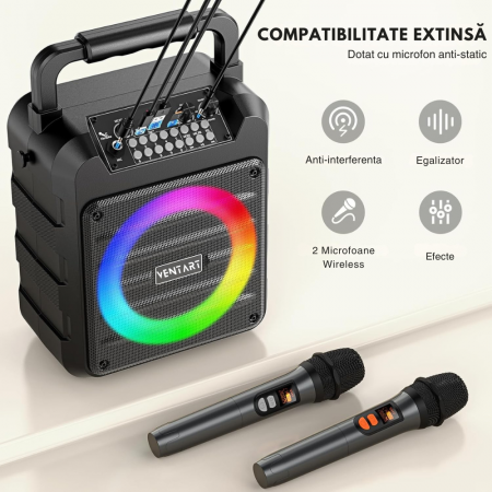 Boxa Portabila VENTART cu 2 Microfoane Wireless, Bluetooth, cu Telecomanda, pentru Karaoke/ Petreceri, cu Lumini, Sistem PA, Suporta Card TF/USB, AUX In, REC, Control Bas si Inalte, Neagra [2]