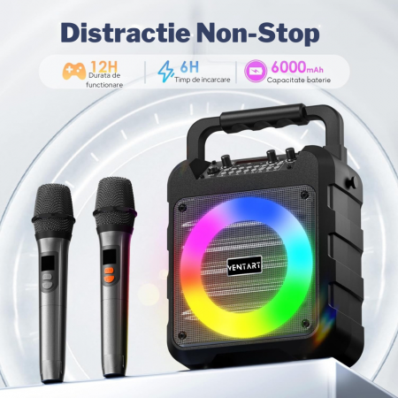 Boxa Portabila VENTART cu 2 Microfoane Wireless, Bluetooth, cu Telecomanda, pentru Karaoke/ Petreceri, cu Lumini, Sistem PA, Suporta Card TF/USB, AUX In, REC, Control Bas si Inalte, Neagra [1]