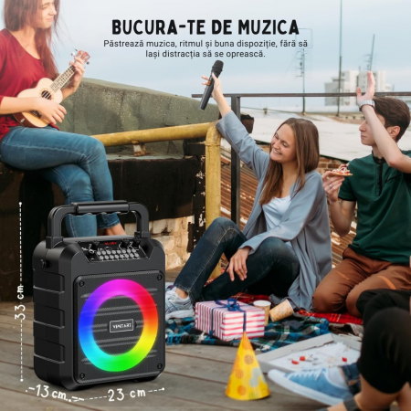 Boxa Portabila VENTART cu 2 Microfoane Wireless, Bluetooth, cu Telecomanda, pentru Karaoke/ Petreceri, cu Lumini, Sistem PA, Suporta Card TF/USB, AUX In, REC, Control Bas si Inalte, Neagra [4]
