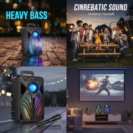 Boxa Portabila Wireless VENTART cu Subwoofer de 8 inch, Lumini LED Colorate si Microfon [3]