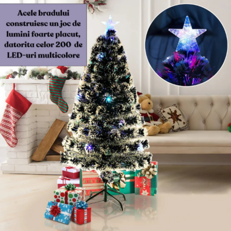 Brad Artificial 1.80m cu Fibră Optică & LED, Aspect Ninsoare, 8 Jocuri Lumină, Suport Inclus [2]