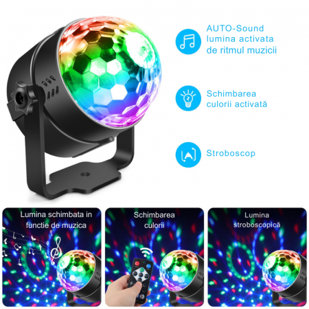 Glob disco cu telecomanda VENTART, Activare Lumini prin Muzica,culori multiple, suport de prindere, Petreceri, Karaoke, [1]