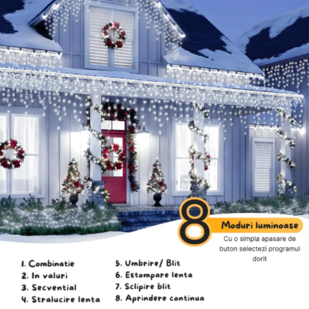 Instalatie de Craciun, Tip Turturi, 8 Jocuri de Lumini, 300 Led-uri, Interior sau Exterior 12Mx0.6M [5]