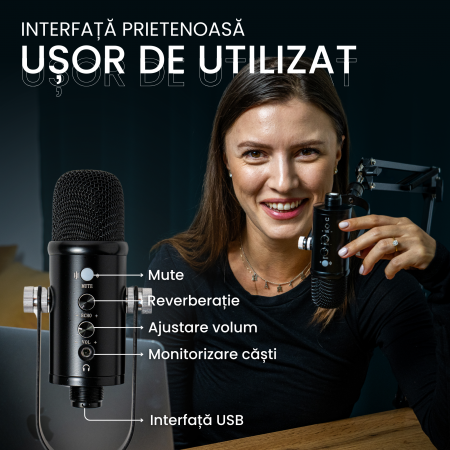 Microfon Streaming VENTART, Profesional, USB, Studio, Live-uri, Podcast, Inregistrari, Plug and Play, IOS/Android/Windows, Brat Ajustabil, Negru [5]