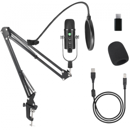 Microfon Streaming VENTART, Profesional, USB, Studio, Live-uri, Podcast, Inregistrari, Plug and Play, IOS/Android/Windows, Brat Ajustabil, Negru [4]