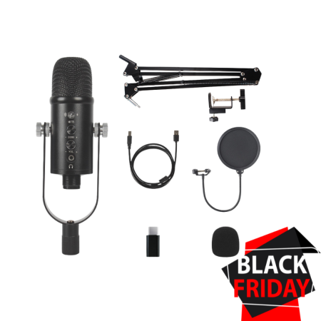 Microfoane - Microfon Streaming VENTART, Profesional, USB, Studio, Live-uri, Podcast, Inregistrari, Plug and Play, IOS/Android/Windows, Brat Ajustabil, Negru