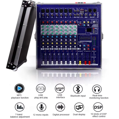 Mixer Audio Amplificat VENTART, 2*600W Putere, 12 Canale, Bluetooth, USB, Egalizator, Efecte, Case inclus [1]