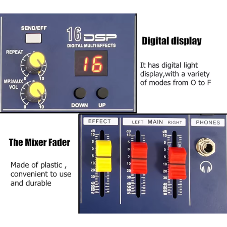Mixer audio Profesional VENTART Amplificat, 2 x 300W, 4 canale, 16 efecte DSP, Bluetooth, USB, alimentare 48V, XLR out, Albastru [4]