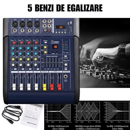 Mixer audio Profesional VENTART Amplificat, 2 x 300W, 4 canale, 16 efecte DSP, Bluetooth, USB, alimentare 48V, XLR out, Albastru [3]