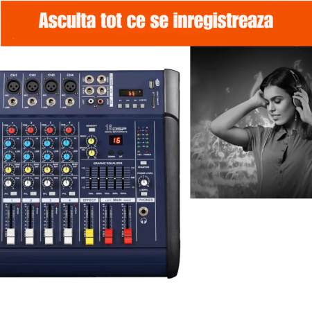Mixer audio Profesional VENTART Amplificat, 2 x 300W, 4 canale, 16 efecte DSP, Bluetooth, USB, alimentare 48V, XLR out, Albastru [2]