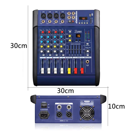 Mixer audio Profesional VENTART Amplificat, 2 x 300W, 4 canale, 16 efecte DSP, Bluetooth, USB, alimentare 48V, XLR out, Albastru [6]