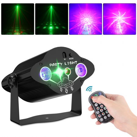 Proiector de lumini disco VENTART 3-in-1 RGB + UV, Laser Rosu si Verde, Telecomanda, Jocuri de lumini, Stroboscop, Alimentare USB, pentru Petreceri, Karaoke, DJ, Negru [2]