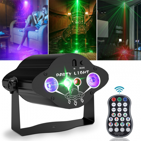 Proiector de lumini disco VENTART 3-in-1 RGB + UV, Laser Rosu si Verde, Telecomanda, Jocuri de lumini, Stroboscop, Alimentare USB, pentru Petreceri, Karaoke, DJ, Negru [1]