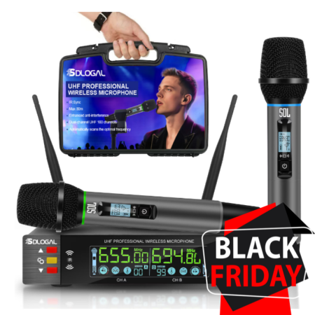 Set 2 microfoane profesionale, SDLOGAL, Cu Receiver Wireless, HD Afisaj Digital, Frecvente Reglabile, 50m, Cutie de depozitare, pentru karaoke, nunta, DJ, petrecere, Negru [0]