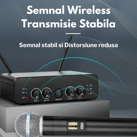 Set 2 Microfoane Wireless Profesionale, VENTART, fara fir UHF, cu Receiver, Omnidirectionale, Portabile, pentru Karaoke, Conferinte, Evenimente, Negre [1]