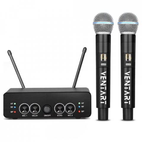 Microfoane - Set 2 Microfoane Wireless Profesionale, VENTART, fara fir UHF, cu Receiver, Omnidirectionale, Portabile, pentru Karaoke, Conferinte, Evenimente, Negre